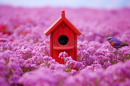 一座红色的邮局坐落在紫色花田中