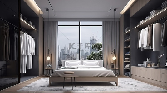 现代风格的卧室，配有更衣室桌子区域和窗户视图 3D 渲染的室内场景和样机