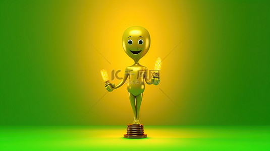 3D 渲染的吉祥物拿着金奖奖杯，黄色背景上有交通绿灯