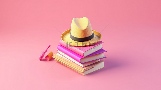 毕业生应届生简历背景图片_现代平面设计理念的教育 3D 书籍和粉红色背景的帽子
