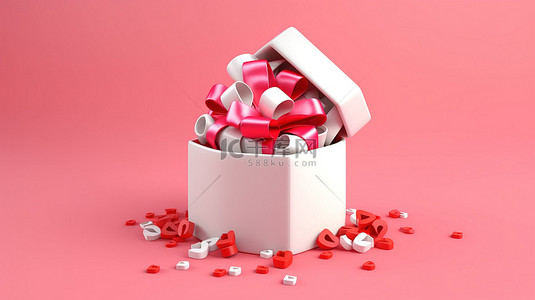 用粉红色背景上系着红丝带的开放礼品盒的 3D 插图来点亮您的生日