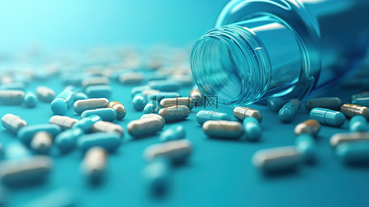 药房和医疗保健概念蓝色背景与全景布局 3D 渲染中的胶囊药丸