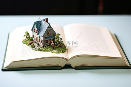 坐在彩虹上看书背景图片_一个房子雕像坐在一本打开的书里
