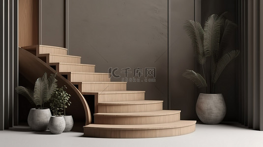 产品展示 3D 室内设计，具有几何形状的讲台平台和楼梯