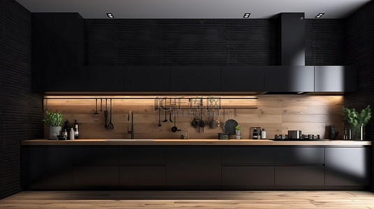 具有木制内置功能的创新黑色厨房 3D 渲染
