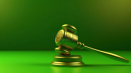 绿色背景与 3D 渲染木槌和法官在行动