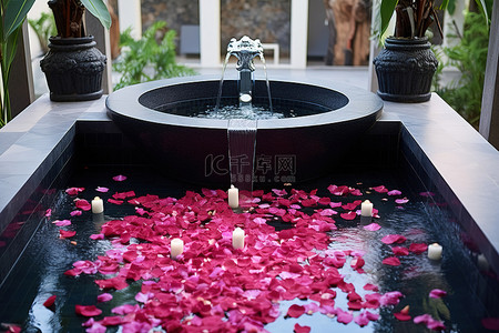 玫瑰花瓣玫瑰背景图片_室外浴缸装饰着玫瑰花瓣