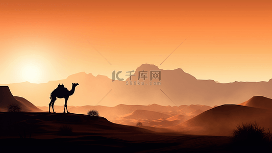 黄昏日落骆驼沙漠背景