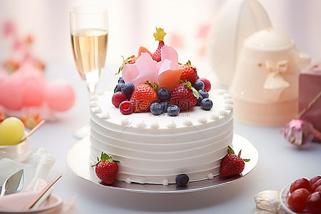 甜的水果背景图片_一件文物与生日蛋糕和水果一起展示