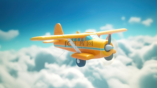 玩具飞机在蓬松云层中翱翔的 3D 渲染