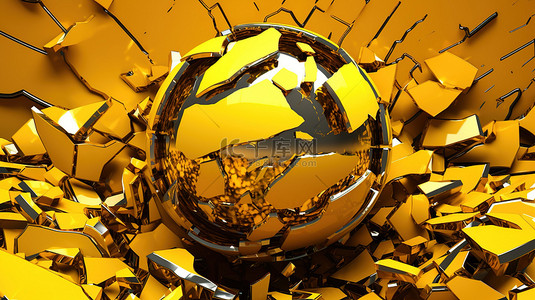 背景中破碎的球体 3D 插图用于横幅设计的抽象黄色组合物