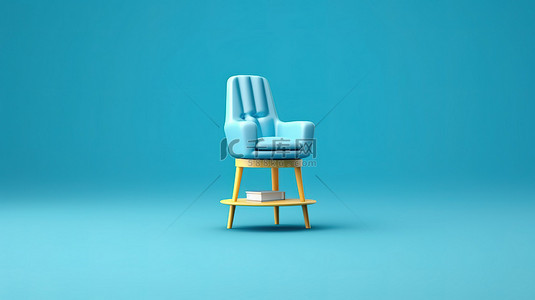 网站蓝色背景背景图片_蓝色背景 3D 插图，配有桌椅和手机