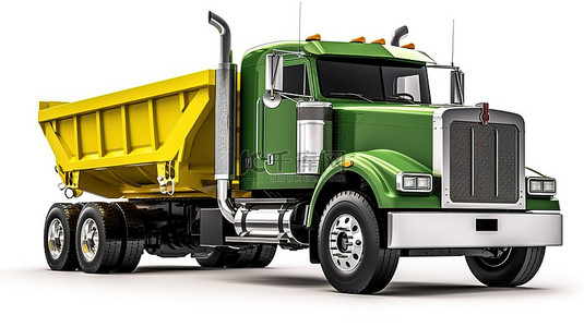 白色背景的 3D 插图，配有一辆大型美国绿色卡车牵引自卸拖车