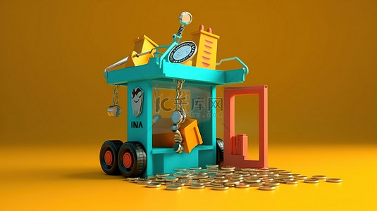主题卡通背景图片_以印度卢比货币为主题的 3D 机器人玩具爪起重机机的插图概念