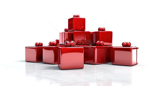 红色圣诞礼物背景图片_3D 渲染白色背景与充满活力的红色圣诞礼物
