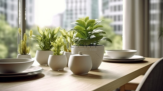 3D 家庭渲染中靠近窗户的餐桌的亲密视图与郁郁葱葱的绿色植物