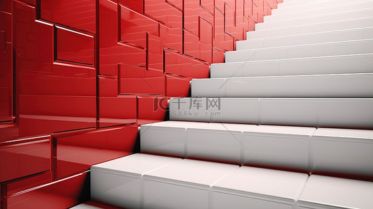 在白色和红色背景下令人惊叹的楼梯 3D 渲染