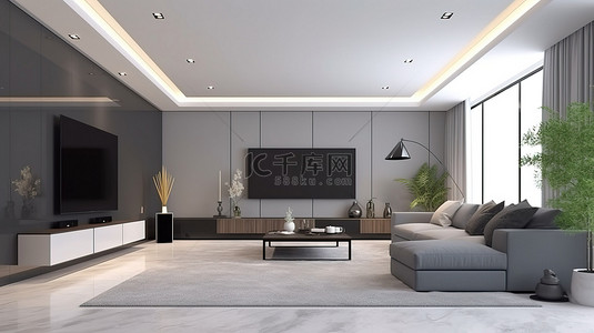 宽敞客厅的 3D 渲染，配有灰色沙发和大电视