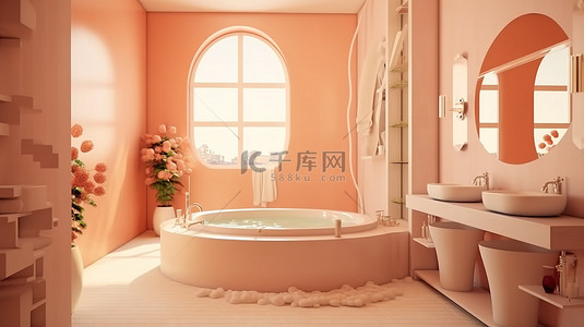 男按摩师背景图片_优雅的装饰艺术浴室设计，配有按摩浴缸柔软的桃墙和 3D 渲染