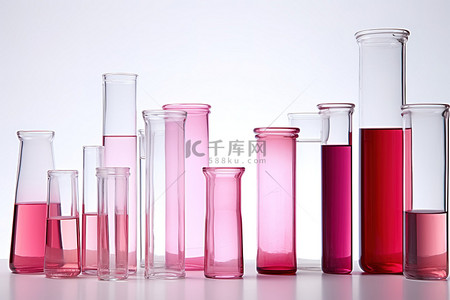 几个彩色玻璃花瓶和装有粉红色液体的试管