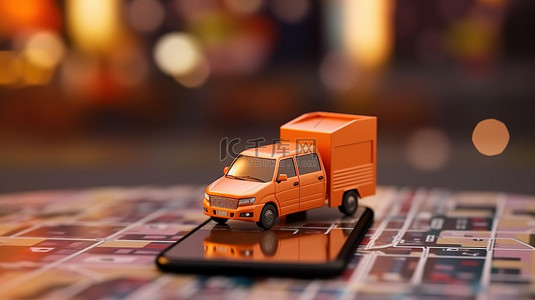 移动应用背景图片_卡车电子商务送货服务移动应用程序的 3D 渲染