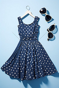 蓝色太阳镜背景图片_蓝色背景上的一件蓝色连衣裙和一些蓝色太阳镜