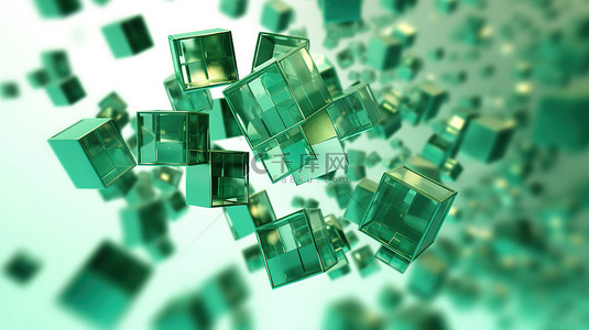 飞行抽象绿色立方体的 3d 渲染