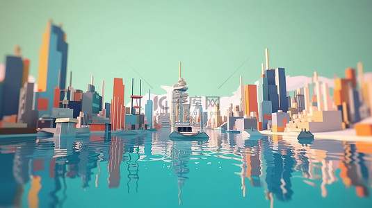 水中低聚游戏城以卡通风格 3D 呈现，具有 4k 背景