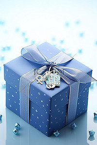 标签装饰背景图片_一个蓝色的礼品盒，包装并装饰有礼品标签