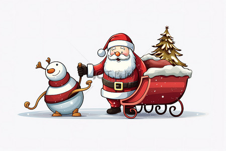 有雪人和雪橇的圣诞老人卡通