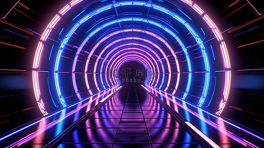 霓虹灯衬砌幻想隧道的未来派 3D 渲染