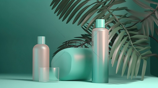 包装瓶展示样机背景图片_逼真的 3D 模型以化妆品为特色，展示棕榈叶阴影和皮肤或头发护理