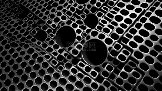 深色金属背景上的黑色虚线网格抽象无缝图案，具有粗糙的 3D 效果