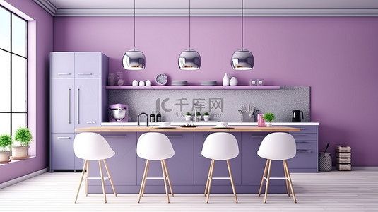 现代厨房柜台，配有三把淡紫色椅子，以 3D 形式呈现