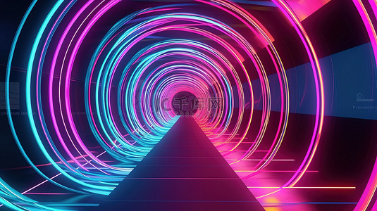 粉色和蓝色发光隧道 3D 渲染的抽象背景