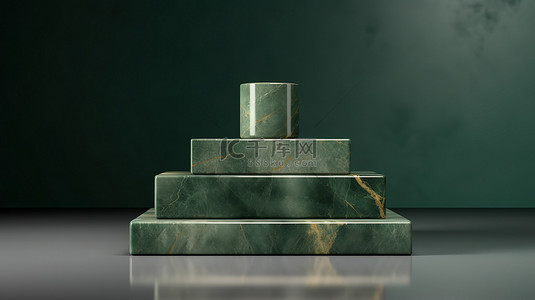 绿色大理石背景背景图片_光滑时尚的金色和绿色大理石讲台设置在 3D 渲染中
