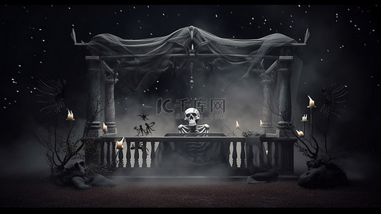 3D 渲染中带有鬼头骨和墓地的空万圣节横幅