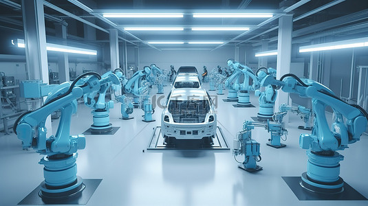 蓝色机器人装配线汽车工厂机器人工作的 3D 渲染视图