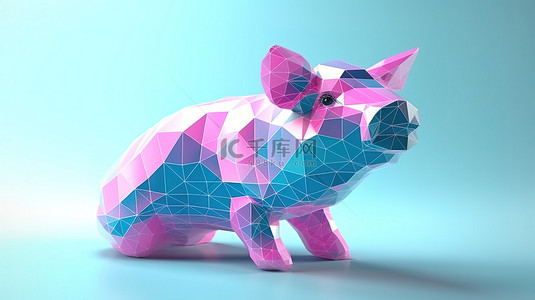 白色背景和淡蓝色表面下粉红色猪的充满活力的 3D 渲染