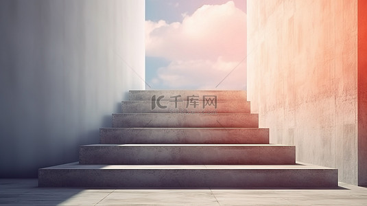 阳光白色背景图片_创新的混凝土楼梯象征着阳光生长和领导力的成功 3D 渲染