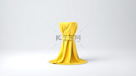 白色高架展示架，在纯背景 3D 渲染上覆盖着向日葵黄色丝绸