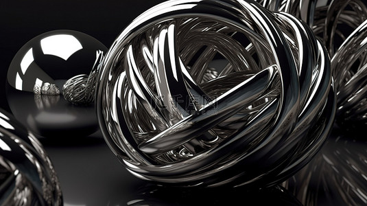 金属铬滤镜背景图片_带有 3D 渲染金属球和反光材料扭曲形状的镀铬雕塑