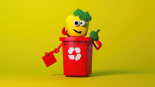问题处理背景图片_3d 渲染绿色垃圾桶吉祥物，黄色背景上带有回收标志和红色问号