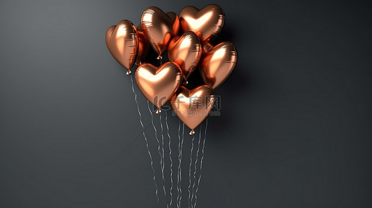 黑色心形背景背景图片_一组心形铜气球靠在黑墙上 3D 渲染图像