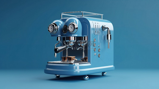 卡咖啡背景图片_蓝色背景下浓缩咖啡机的 3D 渲染