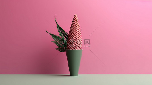 绿色背景的简单 3D 渲染与抽象的粉红色冰淇淋锥