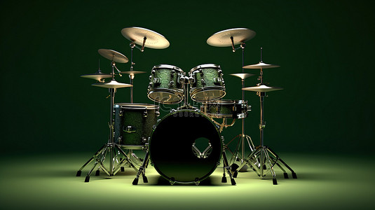 绿色背景下黑色摇滚饰面的 3D 渲染专业鼓套件