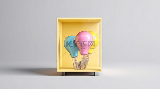 重叠背景图片_简约概念柔和的重叠灯泡，白色背景 3D 渲染的玻璃盒中带有黄色灯泡