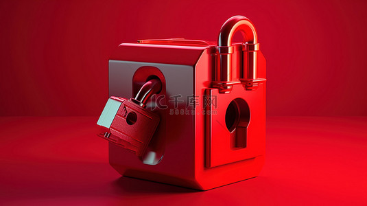 红色锁图标在红色隔离背景上的 3D 插图中解锁