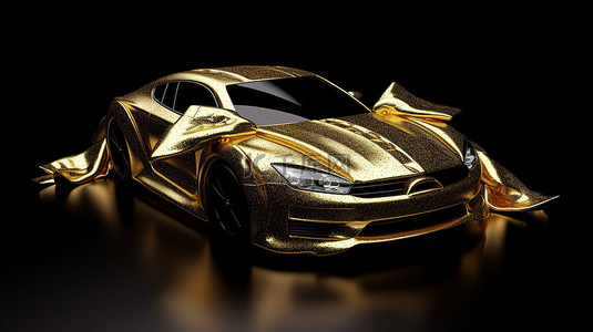 汽车礼品背景图片_华丽的汽车礼物装饰着闪闪发光的金色织物和红丝带，呈现在引人注目的黑色背景 3D 概念中